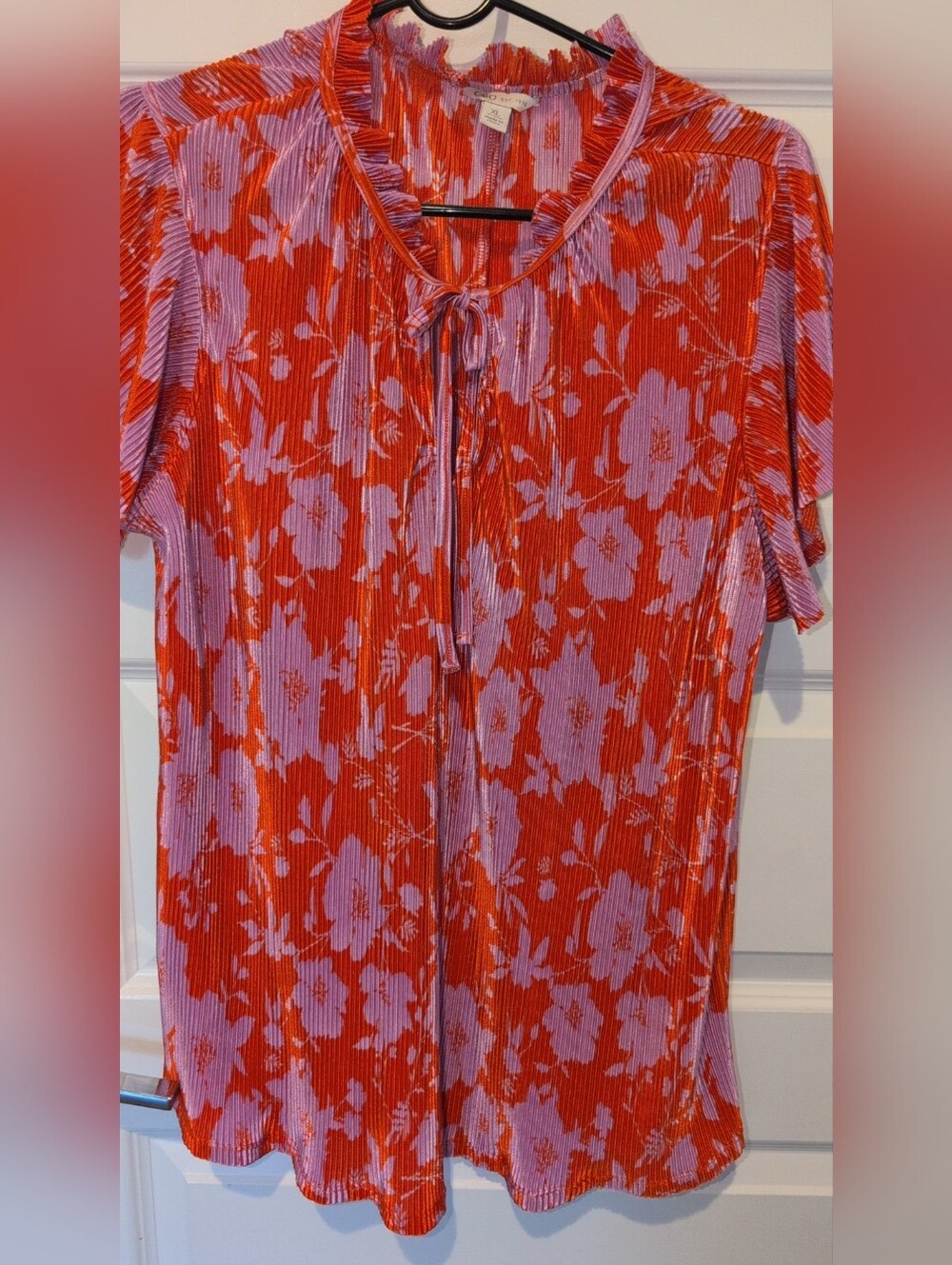 Cato Red and Lavender Floral Tie-Neck Short Sleeve Top